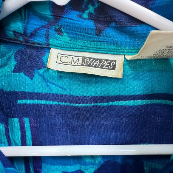 C.M. Shapes Vtg Blue Floral Buttoned Blouse shoulder pads short sleeve top 1X - Picture 3 of 8